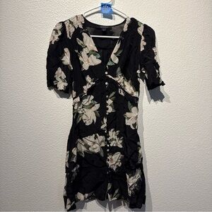 AllSaints Black Floral Button-Front Mini Dress with Cream Print Sz 00 EU 30